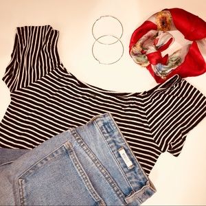 Boho Style Off Shoulder Striped Crop Blouse